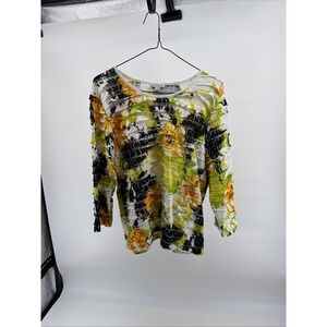 Erin London Womens Floral Ruffle Tiered Blouse Yellow Green Black Size L